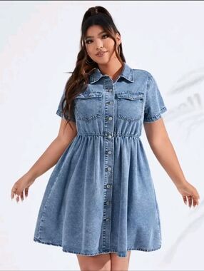 Plus Size Denim Button-Front Short Sleeve Shirt Dress